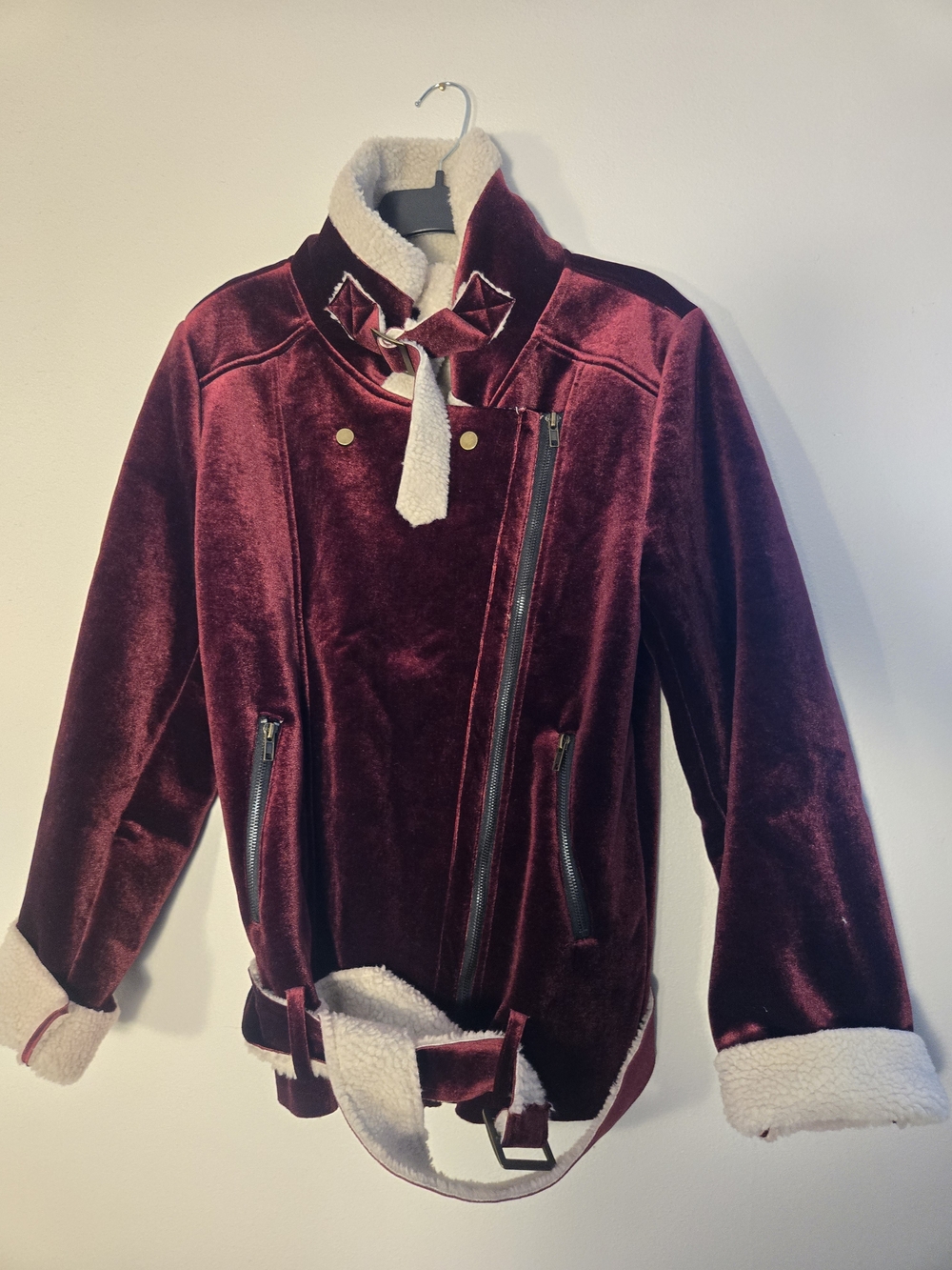 J.O.A. Burgundy Velvet Coat with Cream Shearling Trim